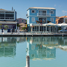 LEFKADA TOWN, GREECE JULY 17, 2014: Coastal street at Lefkada town, Ionian Islands, Greece