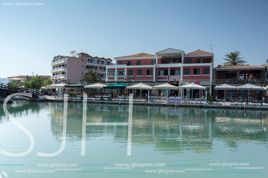 LEFKADA TOWN, GREECE JULY 17, 2014: Coastal street at Lefkada town, Ionian Islands, Greece