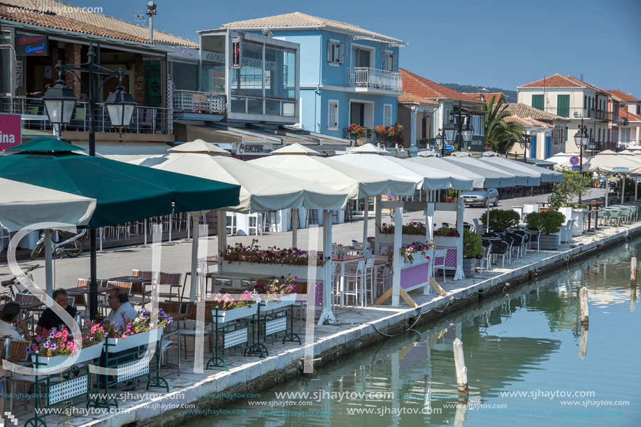 LEFKADA TOWN, GREECE JULY 17, 2014: Coastal street at Lefkada town, Ionian Islands, Greece