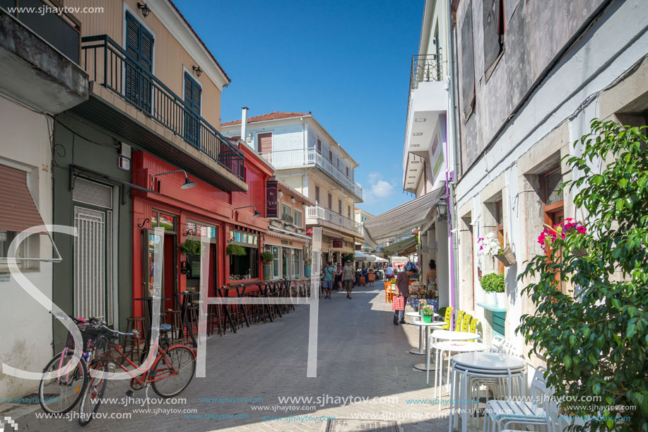 LEFKADA TOWN, GREECE JULY 17, 2014: Houses and street in Lefkada town, Ionian Islands, Greece