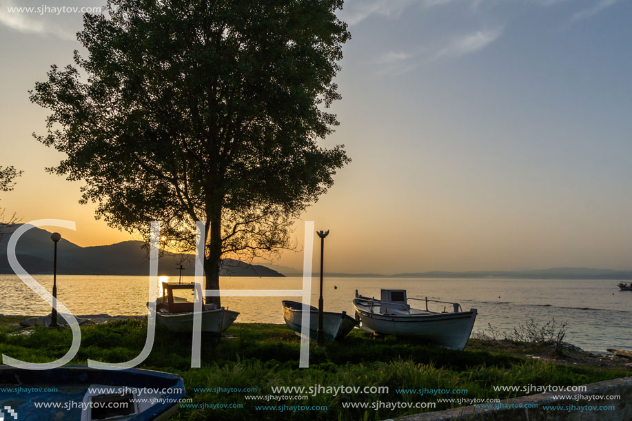 THASSOS, GREECE - APRIL 4, 2016: Sunset view on embankment of Thassos town, East Macedonia and Thrace, Greece