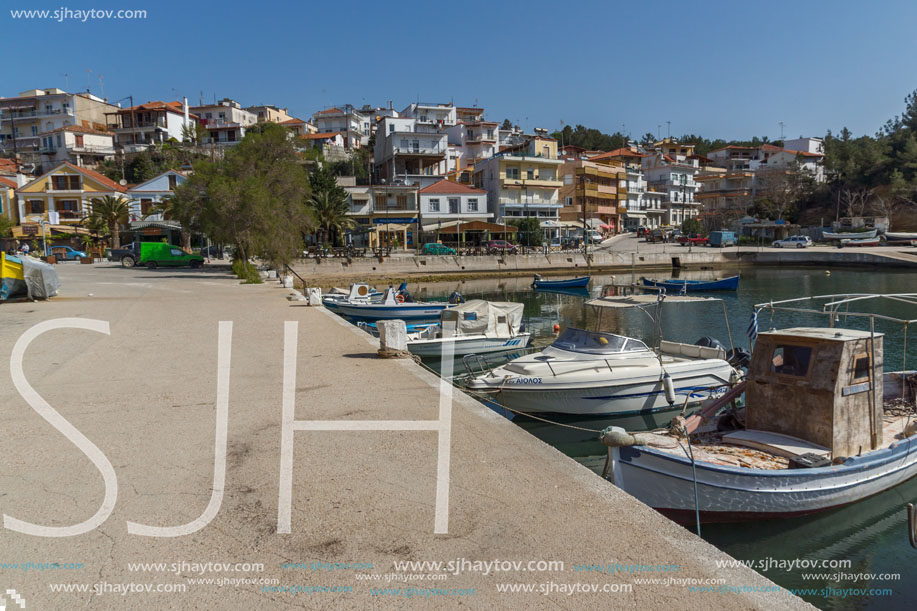 THASSOS, GREECE - APRIL 5, 2016: Panoramic view to the port of Limenaria, Thassos island, East Macedonia and Thrace, Greece