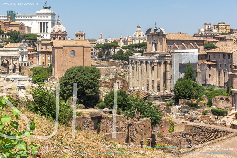 ROME, ITALY - JUNE 24, 2017: Panoramic view from Palatine Hill to ruins of Roman Forum in city of Rome, Italy