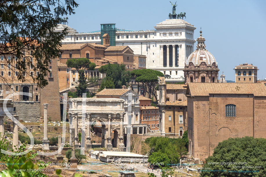 ROME, ITALY - JUNE 24, 2017: Panoramic view from Palatine Hill to ruins of Roman Forum in city of Rome, Italy