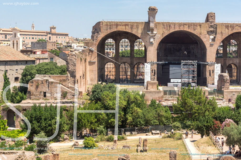 ROME, ITALY - JUNE 24, 2017: Panoramic view from Palatine Hill to ruins of Roman Forum in city of Rome, Italy