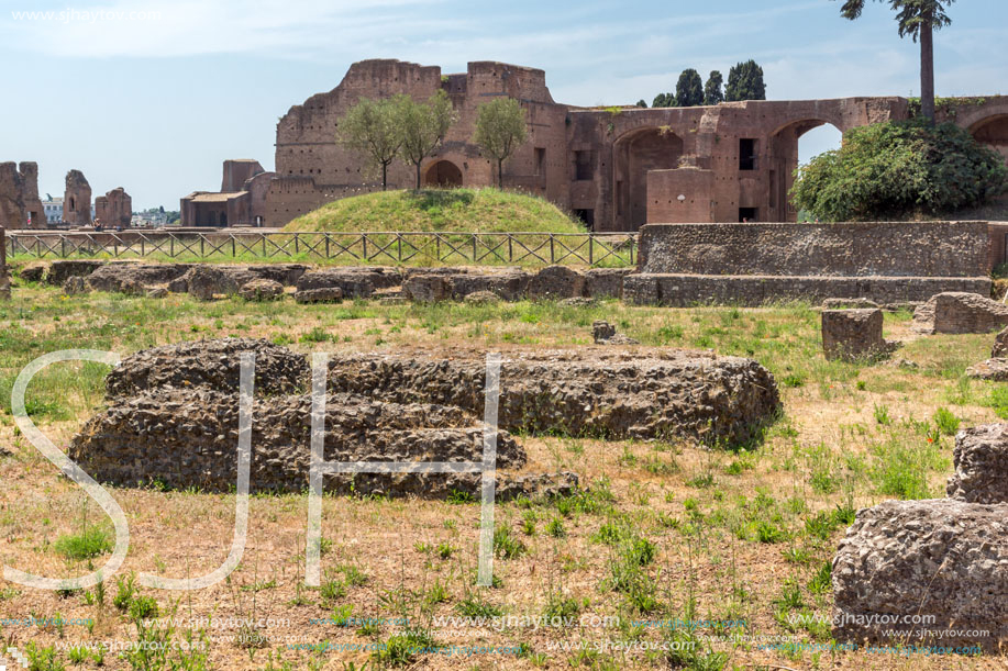 ROME, ITALY - JUNE 24, 2017: Panoramic view of ruins in Palatine Hill in city of Rome, Italy