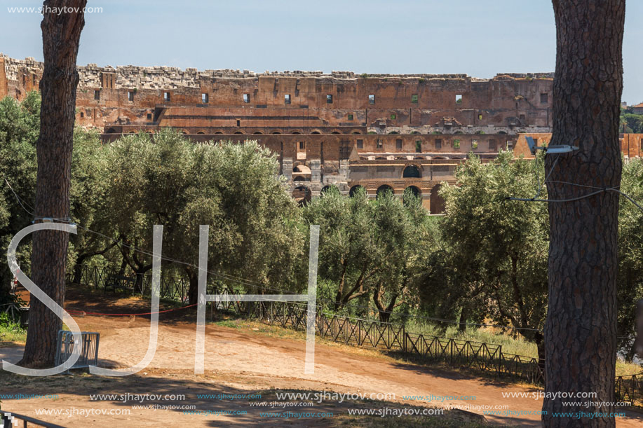 ROME, ITALY - JUNE 24, 2017: Panoramic view of ruins in Palatine Hill in city of Rome, Italy