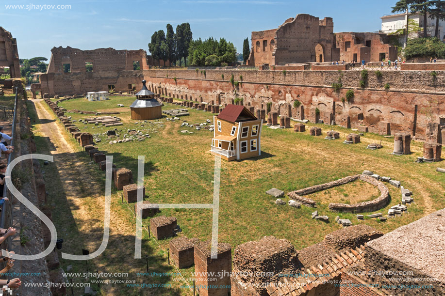 ROME, ITALY - JUNE 24, 2017: Panoramic view of ruins in Palatine Hill in city of Rome, Italy