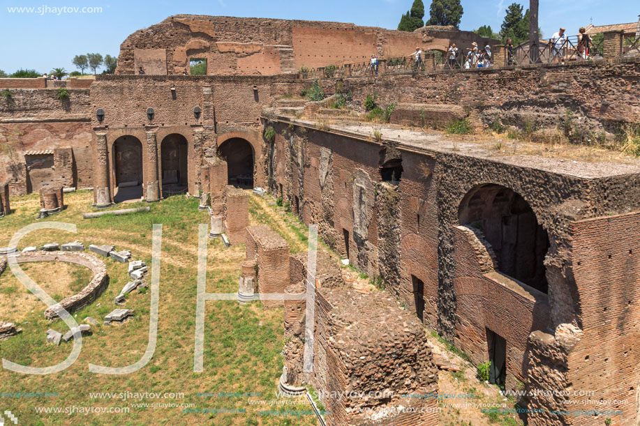 ROME, ITALY - JUNE 24, 2017: Panoramic view of ruins in Palatine Hill in city of Rome, Italy
