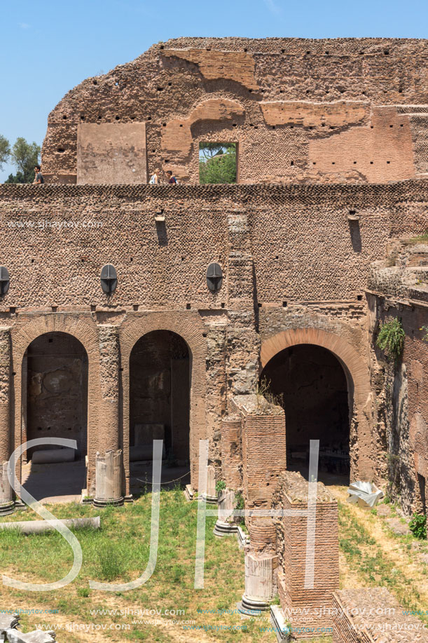 ROME, ITALY - JUNE 24, 2017: Panoramic view of ruins in Palatine Hill in city of Rome, Italy