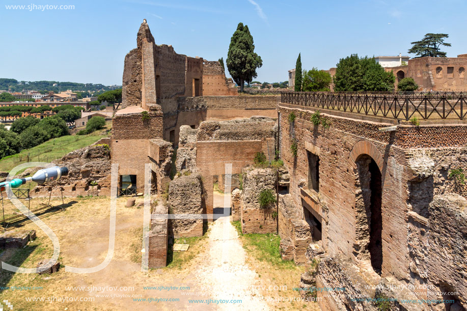 ROME, ITALY - JUNE 24, 2017: Panoramic view of ruins in Palatine Hill in city of Rome, Italy