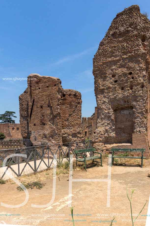 ROME, ITALY - JUNE 24, 2017: Panoramic view of ruins in Palatine Hill in city of Rome, Italy