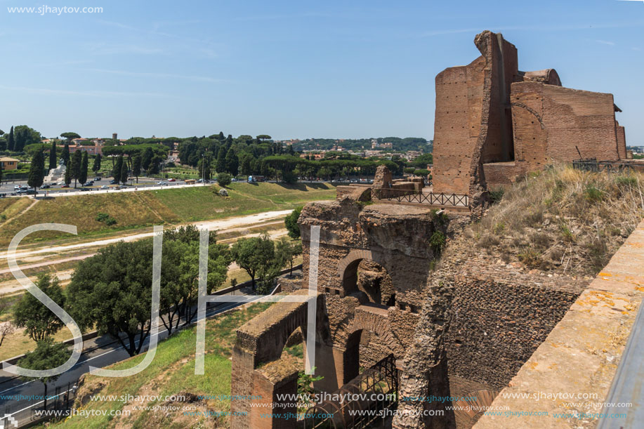 ROME, ITALY - JUNE 24, 2017: Panoramic view of ruins in Palatine Hill in city of Rome, Italy