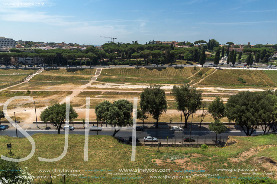 ROME, ITALY - JUNE 24, 2017: Panoramic view of ruins in Palatine Hill in city of Rome, Italy