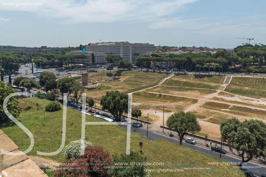 ROME, ITALY - JUNE 24, 2017: Panoramic view of ruins in Palatine Hill in city of Rome, Italy