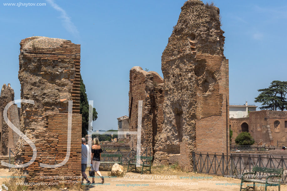 ROME, ITALY - JUNE 24, 2017: Panoramic view of ruins in Palatine Hill in city of Rome, Italy