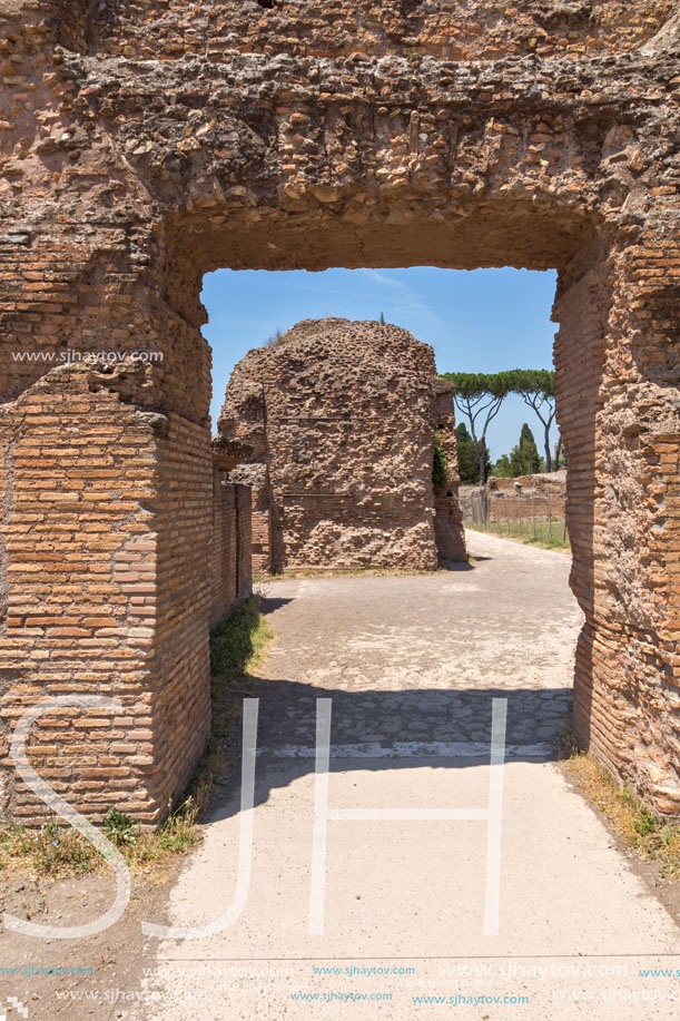 ROME, ITALY - JUNE 24, 2017: Panoramic view of ruins in Palatine Hill in city of Rome, Italy