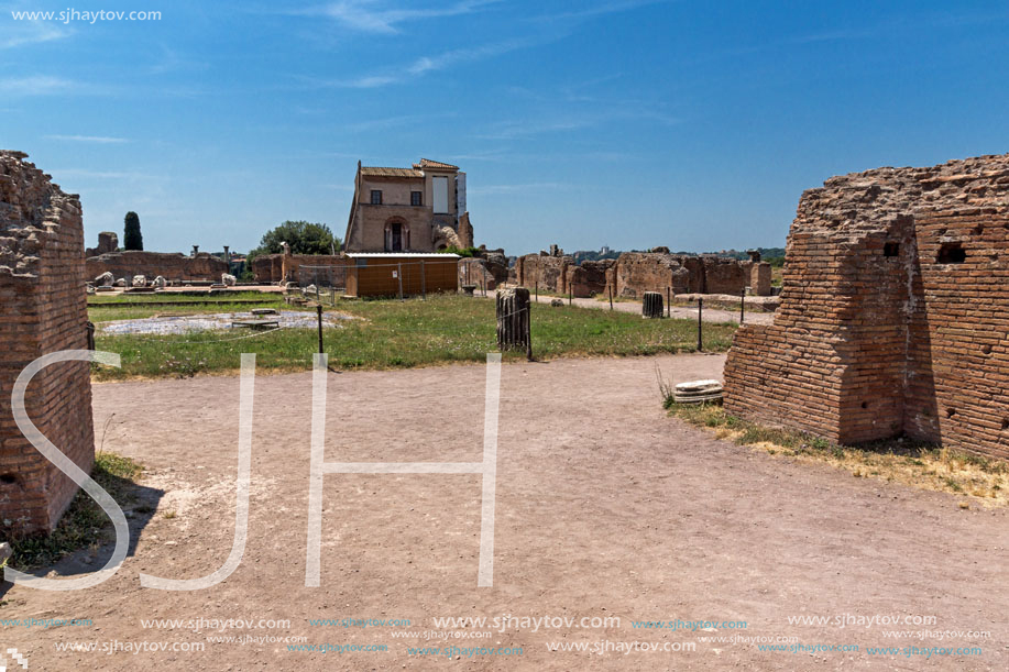 ROME, ITALY - JUNE 24, 2017: Panoramic view of ruins in Palatine Hill in city of Rome, Italy