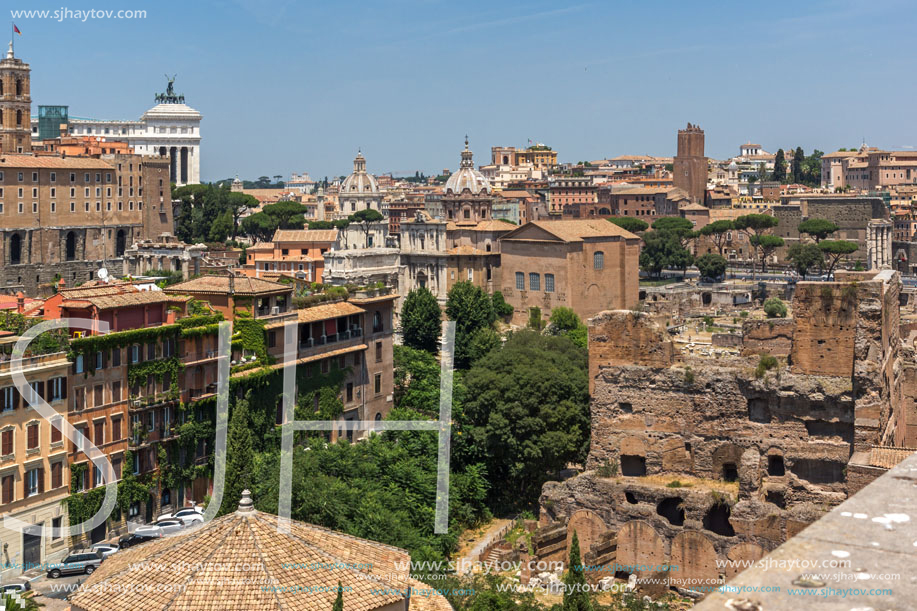ROME, ITALY - JUNE 24, 2017: Panoramic view from Palatine Hill to city of Rome, Italy