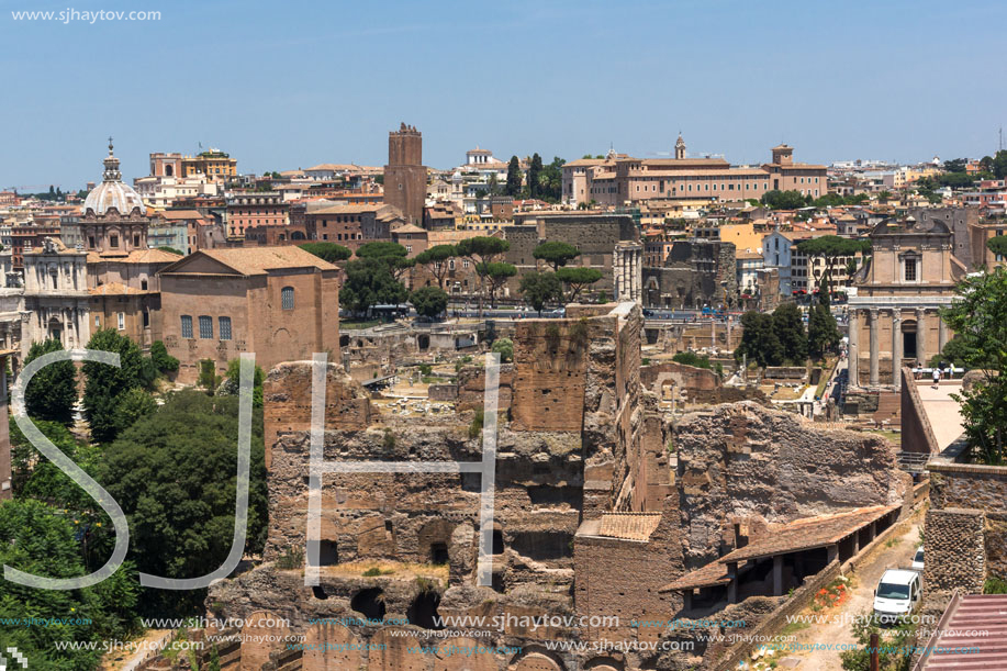 ROME, ITALY - JUNE 24, 2017: Panoramic view from Palatine Hill to ruins of Roman Forum in city of Rome, Italy