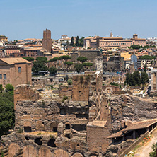 ROME, ITALY - JUNE 24, 2017: Panoramic view from Palatine Hill to ruins of Roman Forum in city of Rome, Italy
