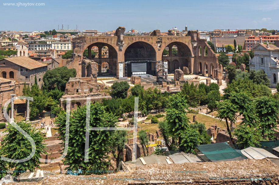 ROME, ITALY - JUNE 24, 2017: Panoramic view from Palatine Hill to ruins of Roman Forum in city of Rome, Italy