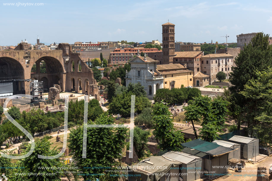 ROME, ITALY - JUNE 24, 2017: Panoramic view from Palatine Hill to ruins of Roman Forum in city of Rome, Italy