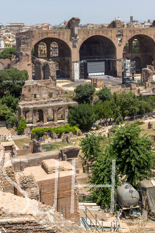 ROME, ITALY - JUNE 24, 2017: Panoramic view from Palatine Hill to ruins of Roman Forum in city of Rome, Italy