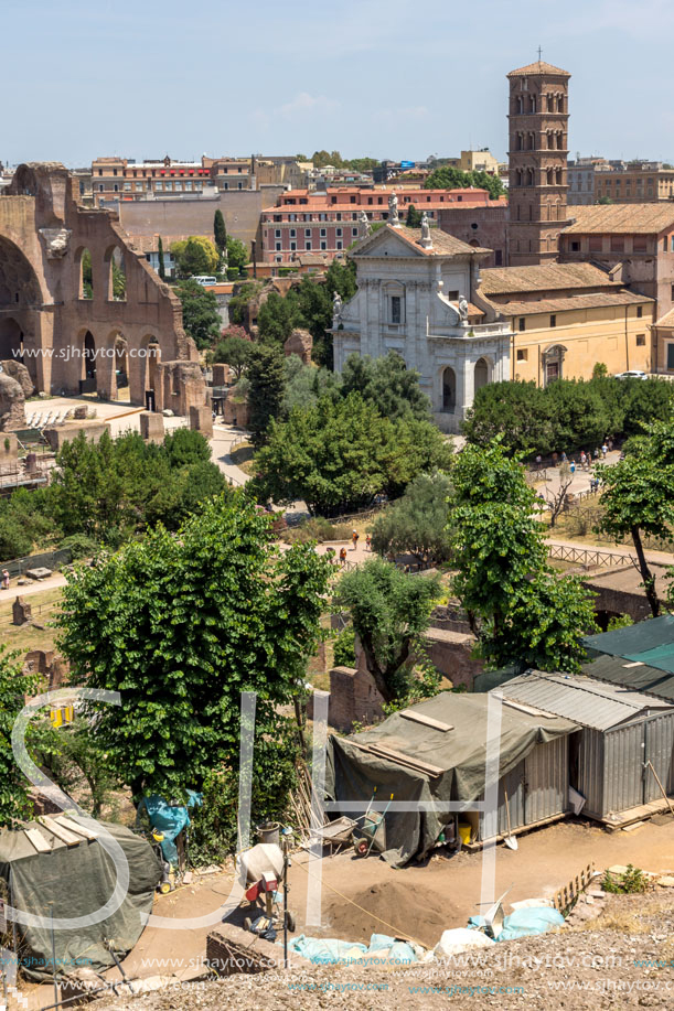 ROME, ITALY - JUNE 24, 2017: Panoramic view from Palatine Hill to ruins of Roman Forum in city of Rome, Italy