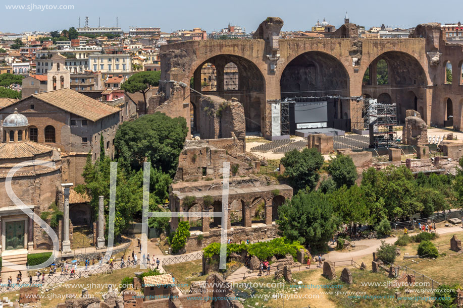 ROME, ITALY - JUNE 24, 2017: Panoramic view from Palatine Hill to ruins of Roman Forum in city of Rome, Italy