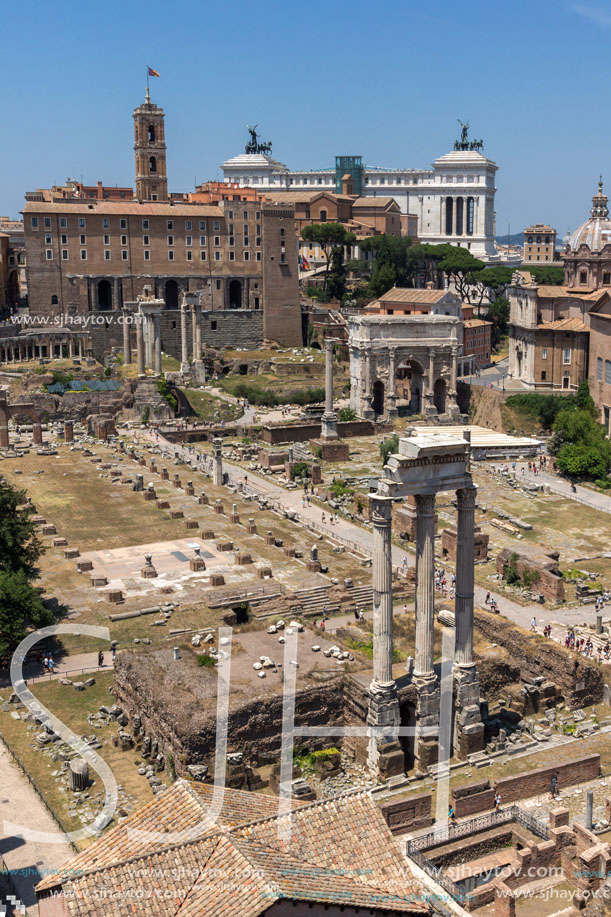 ROME, ITALY - JUNE 24, 2017: Panoramic view from Palatine Hill to ruins of Roman Forum in city of Rome, Italy