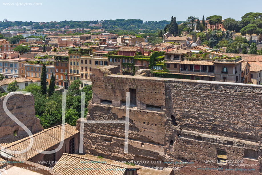 ROME, ITALY - JUNE 24, 2017: Panoramic view from Palatine Hill to ruins of Roman Forum in city of Rome, Italy