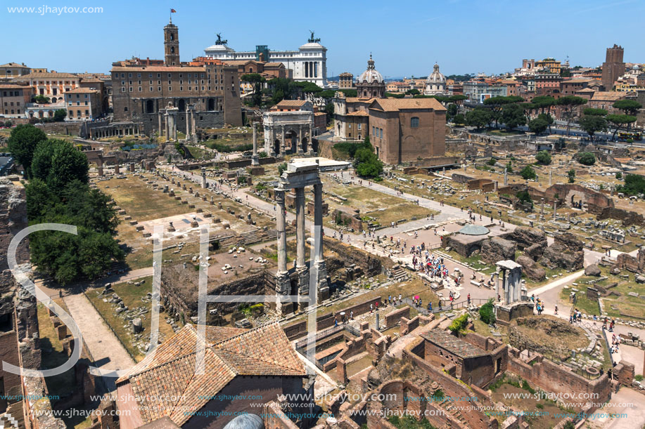 ROME, ITALY - JUNE 24, 2017: Panoramic view from Palatine Hill to ruins of Roman Forum in city of Rome, Italy