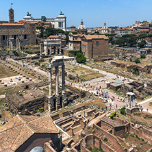 ROME, ITALY - JUNE 24, 2017: Panoramic view from Palatine Hill to ruins of Roman Forum in city of Rome, Italy