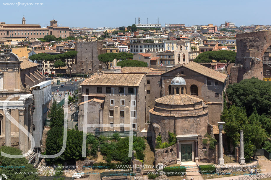 ROME, ITALY - JUNE 24, 2017: Panoramic view from Palatine Hill to ruins of Roman Forum in city of Rome, Italy