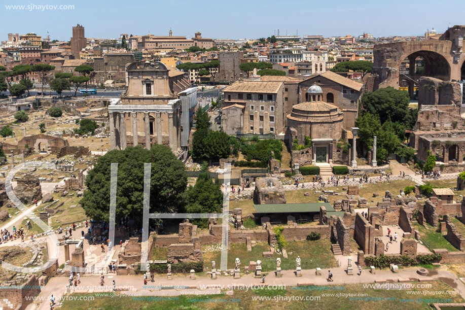 ROME, ITALY - JUNE 24, 2017: Panoramic view from Palatine Hill to ruins of Roman Forum in city of Rome, Italy