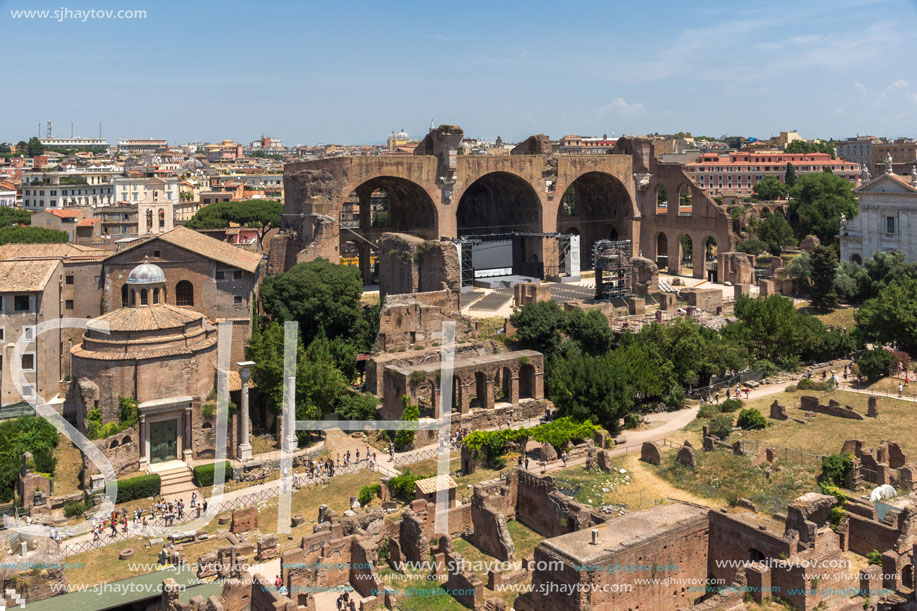 ROME, ITALY - JUNE 24, 2017: Panoramic view from Palatine Hill to ruins of Roman Forum in city of Rome, Italy