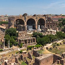 ROME, ITALY - JUNE 24, 2017: Panoramic view from Palatine Hill to ruins of Roman Forum in city of Rome, Italy