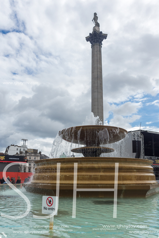 LONDON, ENGLAND - JUNE 16 2016: Nelson"s Column at Trafalgar Square, City of London, England, Great Britain