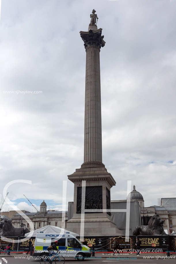 LONDON, ENGLAND - JUNE 16 2016: Nelson"s Column at Trafalgar Square, City of London, England, Great Britain