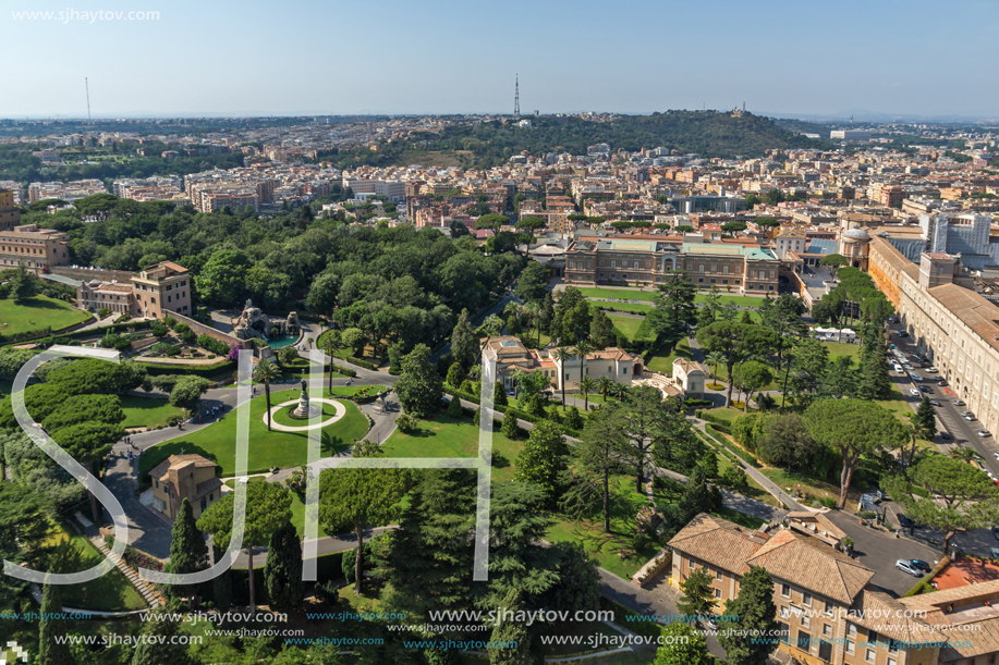 Amazing Panorama to Vatican and city of Rome from dome of St. Peter"s Basilica, Italy