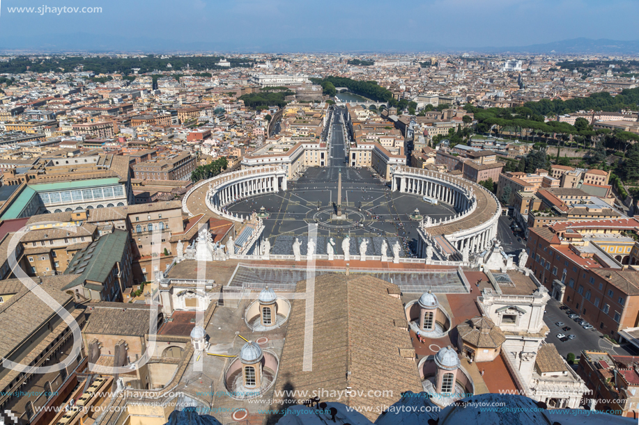 Amazing Panorama to Vatican and city of Rome from dome of St. Peter"s Basilica, Italy