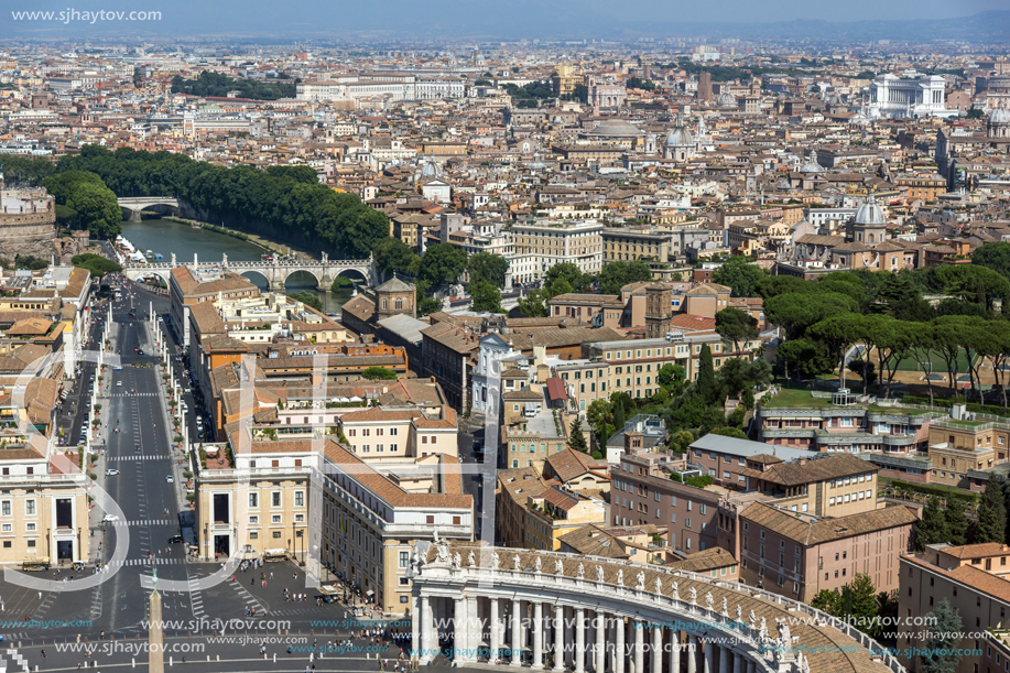 Amazing Panorama to Vatican and city of Rome from dome of St. Peter"s Basilica, Italy