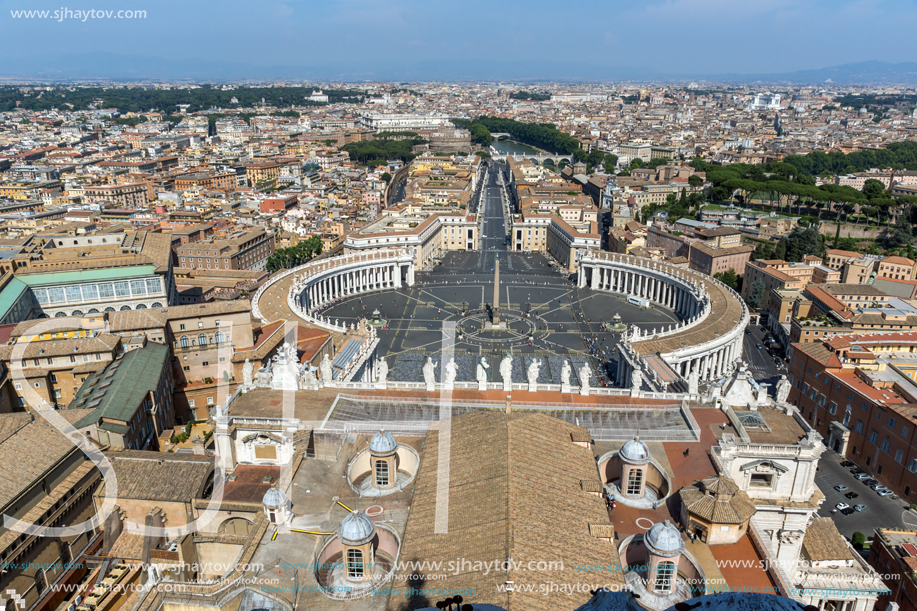 Amazing Panorama to Vatican and city of Rome from dome of St. Peter"s Basilica, Italy