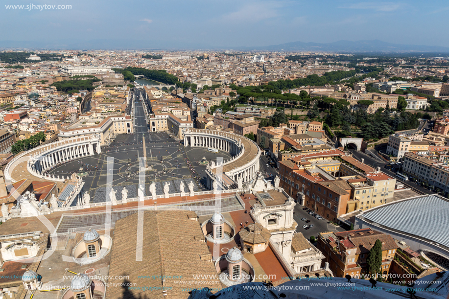 Amazing Panorama to Vatican and city of Rome from dome of St. Peter"s Basilica, Italy