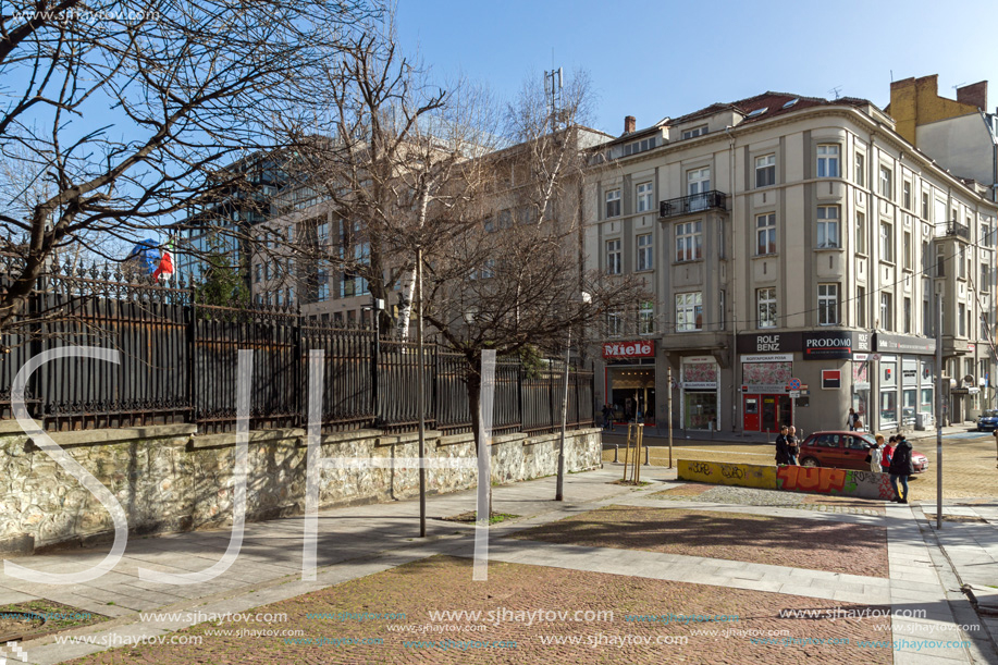 SOFIA, BULGARIA - MARCH 17, 2018: Typical street in city of Sofia, Bulgaria