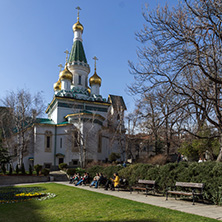 SOFIA, BULGARIA - MARCH 17, 2018:  Amazing view of Golden Domes Russian church in Sofia, Bulgaria