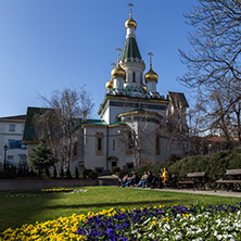 SOFIA, BULGARIA - MARCH 17, 2018:  Amazing view of Golden Domes Russian church in Sofia, Bulgaria