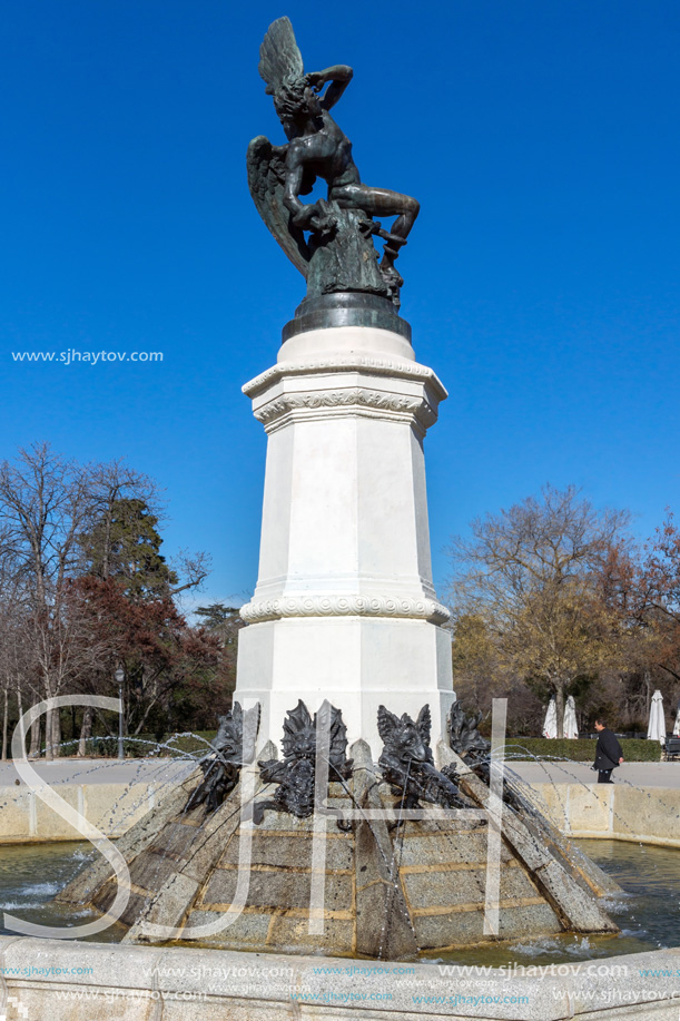 MADRID, SPAIN - JANUARY 22, 2018: Fountain of the Fallen Angel in The Retiro Park in City of Madrid, Spain