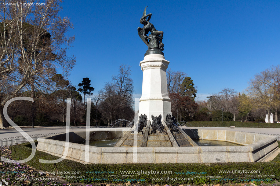 MADRID, SPAIN - JANUARY 22, 2018: Fountain of the Fallen Angel in The Retiro Park in City of Madrid, Spain